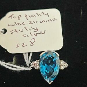 AUSTRIAN CHRYSTAL RING, STERLING SILVER, SIZE 8, BLUE PEAR CUT BEZEL SET, GENUIN